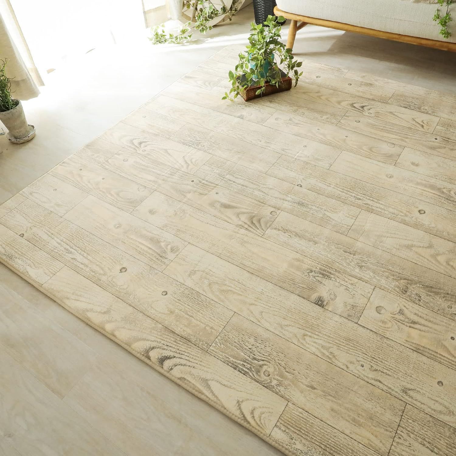 【美品】グラムスタイル ラグ カーペット 低反発 洗える 2畳 190x190cm 滑り止め 床暖房対応 木目 スーパームート チルトパイン アイボリー