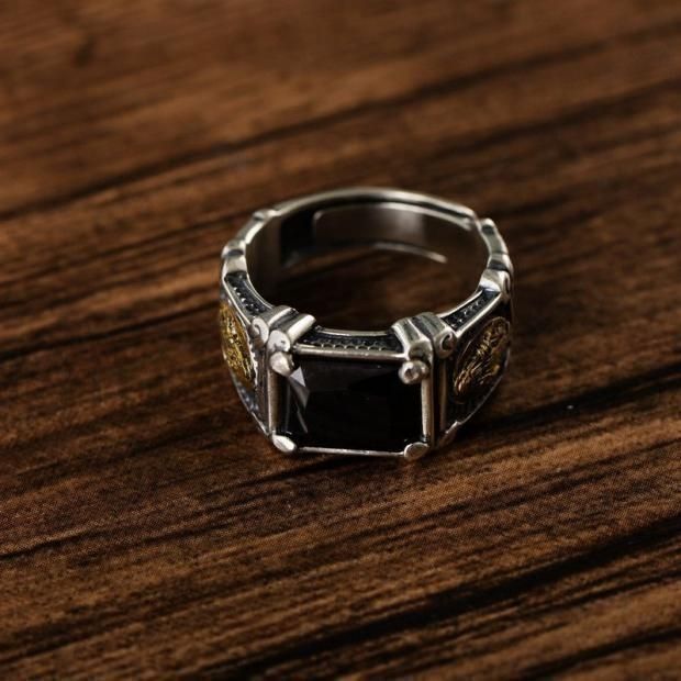 新しい未使用 ブラックオニキス925シルバー調整可能リング