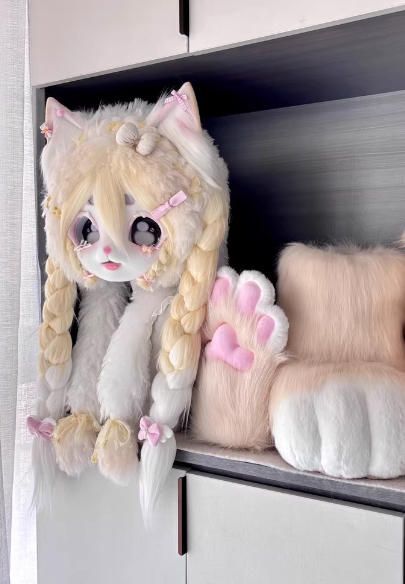 ファースーツ 着ぐるみセット NO.259 猫 黄色 ケモノ ファースーツ 全頭ヘッド ぬいぐるみ コスプレ コスチューム 一点物