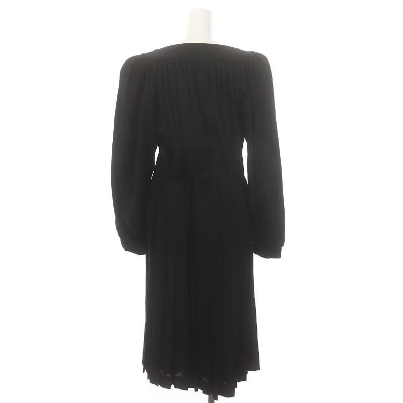 イヴサンローラン YVES SAINT LAURENT プリーツギャザー ヴィンテージロングワンピース ミモレ丈 長袖 M 黒 ブラック MI OS