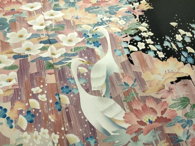 平和屋着物○本場加賀友禅作家 杉浦伸 黒留袖 立鶴 草花風景 正絹 逸品