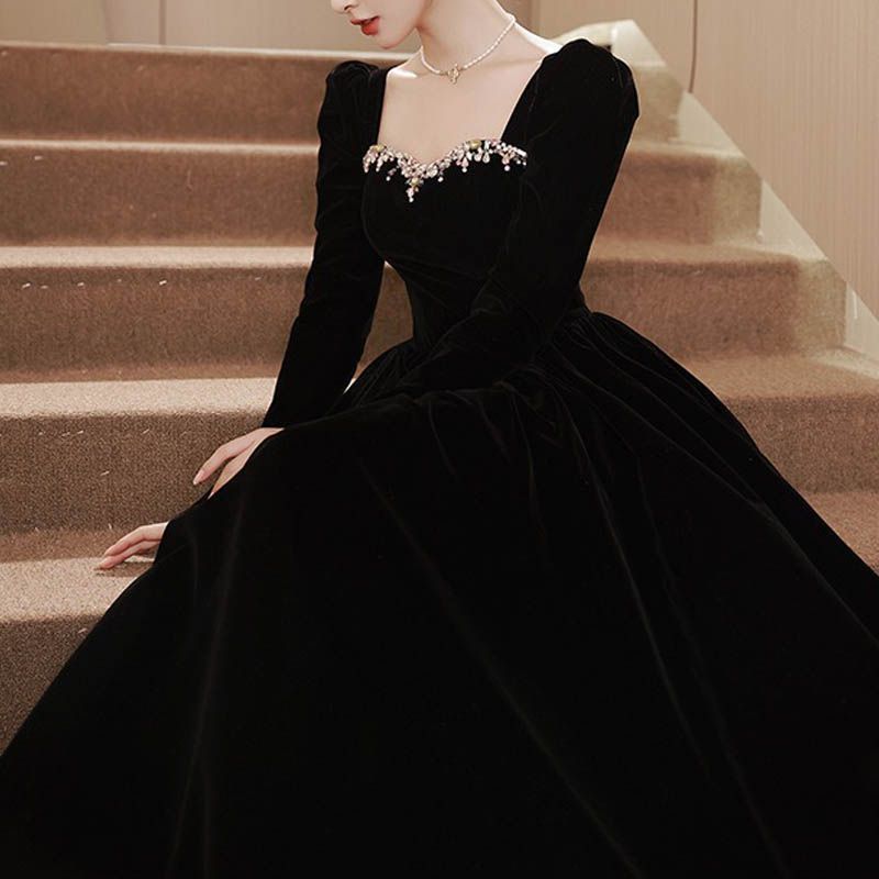 カラードレス Aラインドレス ベルベット 黒 ロングドレス 演奏会