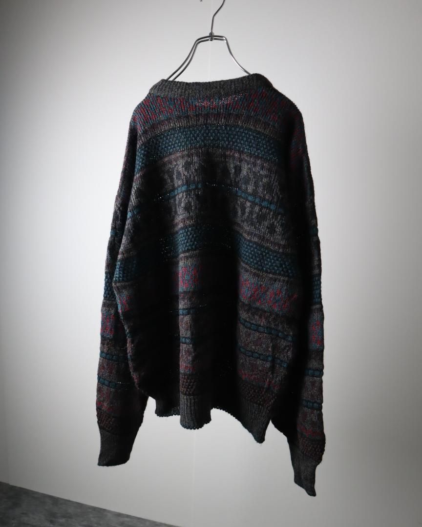【vintage】オルテガ調 総柄 デザイン ウール混 ニット セーター 英国製