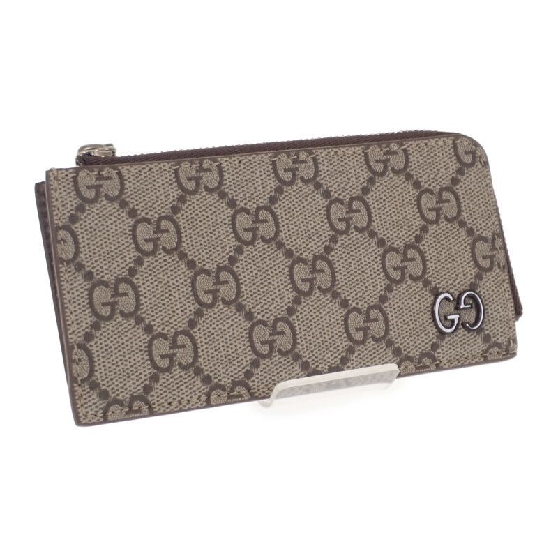 GUCCI GGデティール付き GGジップ カードケース GGスプリームキャンバス ベージュ＆エボニー ゴールド金具 ユニセックス