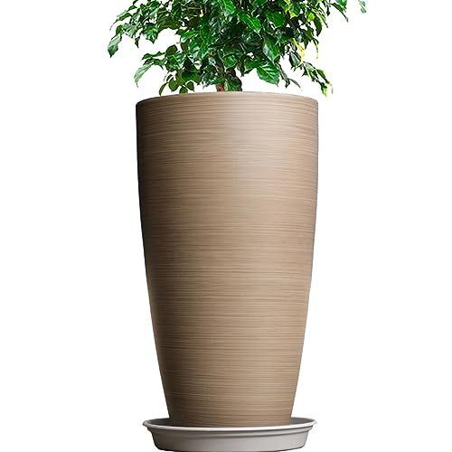 ライン模様--キャメル_高さ約53.5?外口径約30.5?底径約18CM Glynislife 植木鉢 大型 おしゃれ プラスチック 軽量 受け皿付き 屋内 屋外用 高さ53.5 排水穴付き 植木鉢 花 栽培 プレゼント ギフト 母の