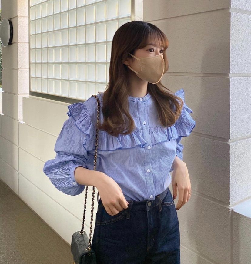 ブルー ストライプ ロージーモンスター フリル付き長袖シャツ Rosy 