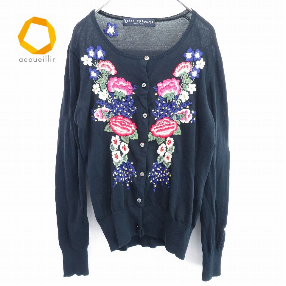 ケイタマルヤマ KEITAMARUYAMA 刺繍 花柄 カーディガン ネイビー
