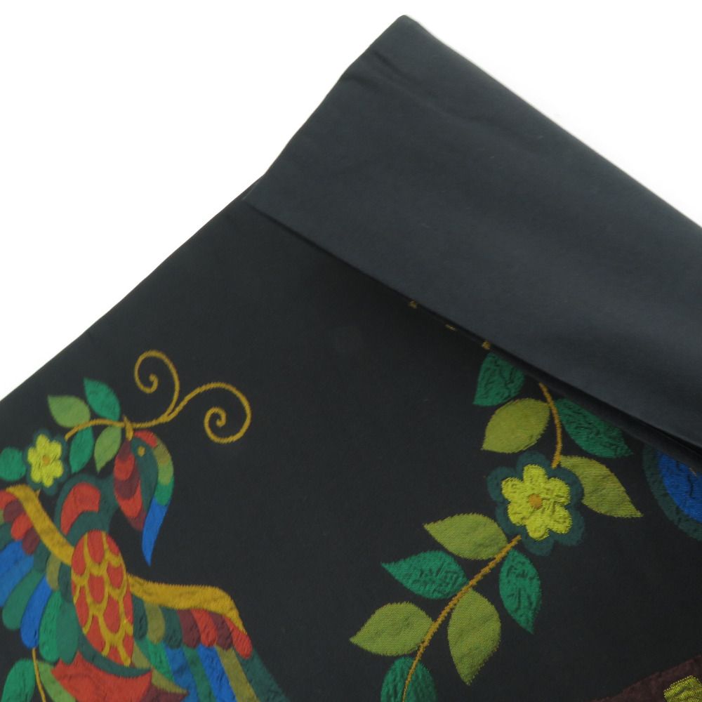 袋帯 洒落袋帯 正絹 黒色ｘ多色 エスニック調 鳥紋様 六通柄 長さ432cm【中古】 【キモノオフ野々市若松店】 袋帯 洒落袋帯 正絹 黒色x多色 エスニック調 鳥紋様 六通柄 長