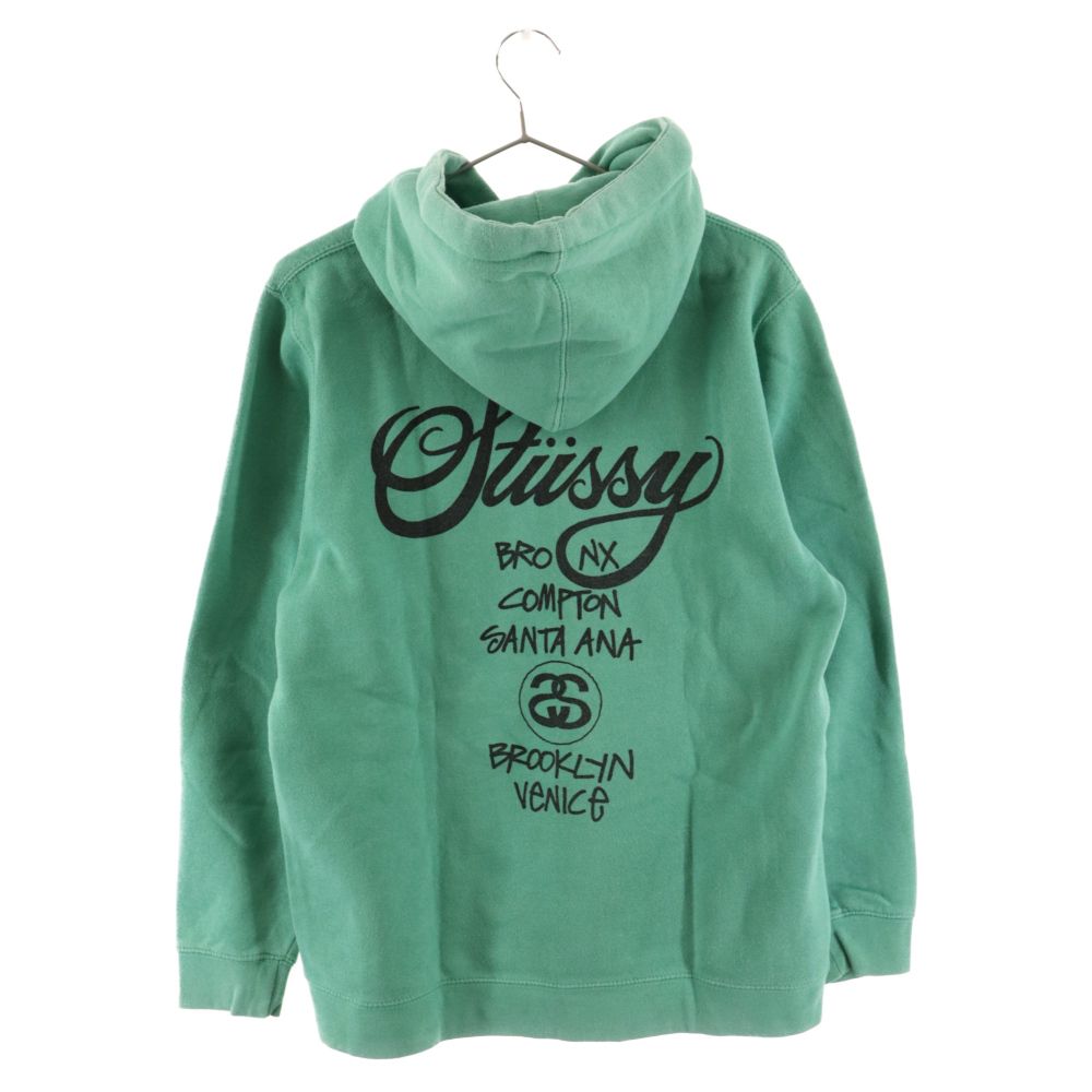 【STUSSY】センターロゴ刺繍　裏起毛　プルオーバーパーカー　グリーン