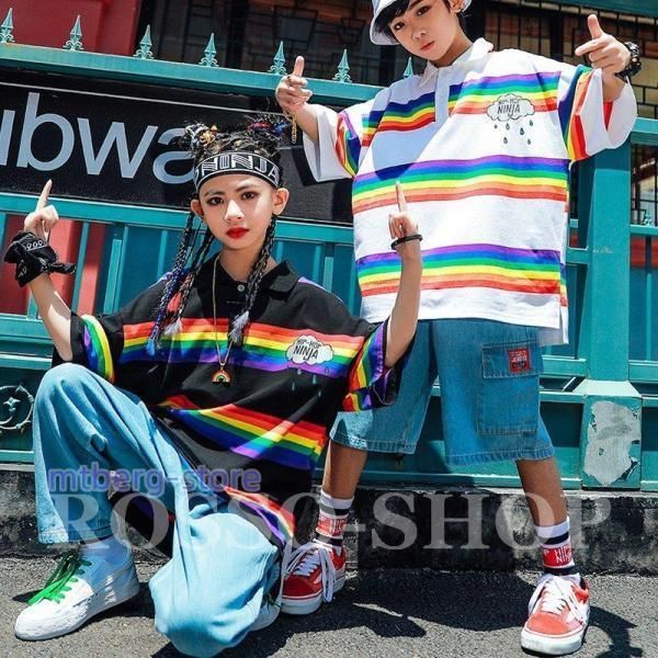 キッズダンス衣装 ヒップホップ HIPHOP 長袖 ストライプ柄 虹色 トップス へそ出し デニムパンツ ズボン 女の子 男の子 チア ステージ衣装