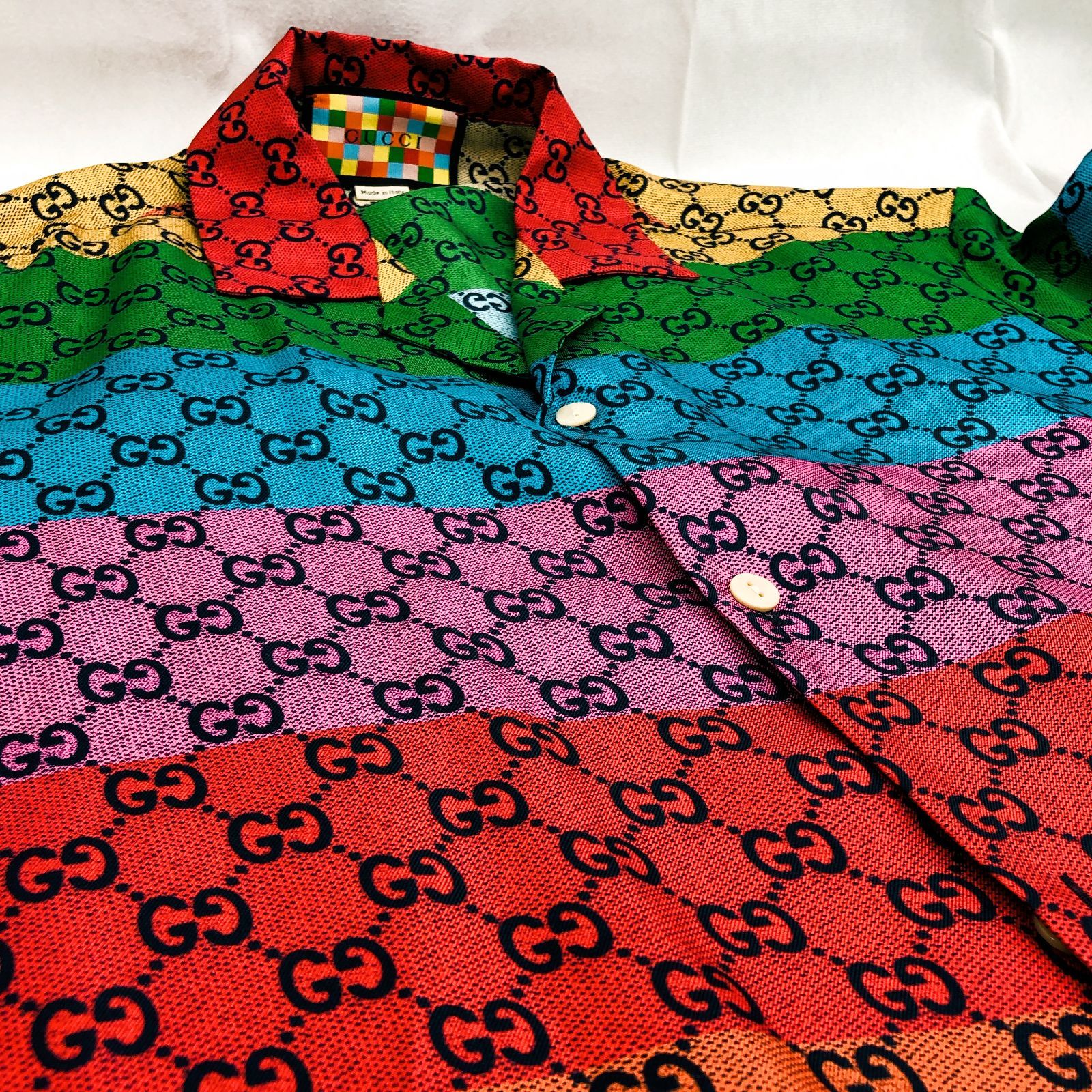 GUCCI グッチ シルク 半袖オープンシャツ マルチカラー XL 44 GG柄