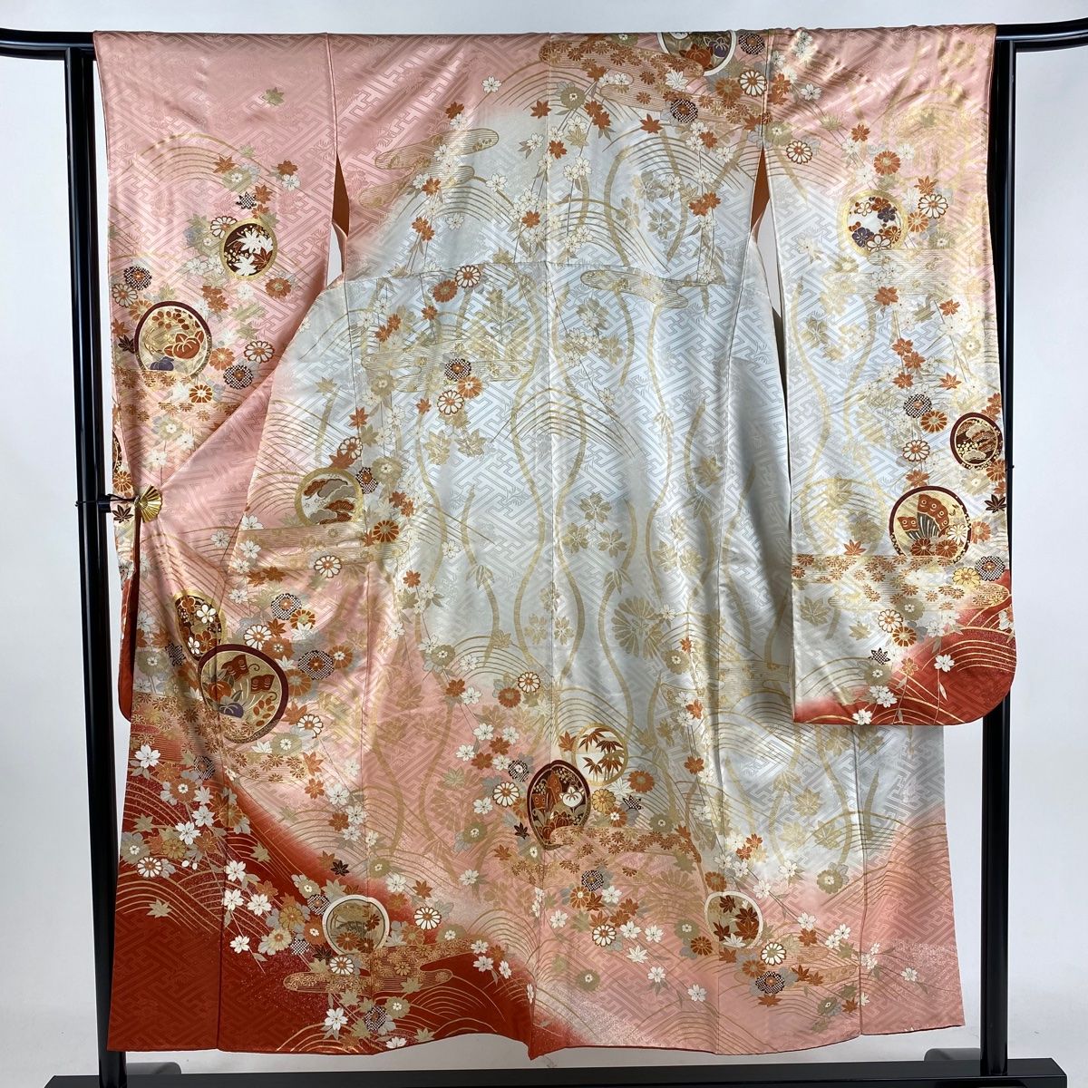 振袖 身丈163cm 裄丈67cm M 袷 檜扇 花鳥 金糸 金銀彩 薄小豆 正絹 秀  