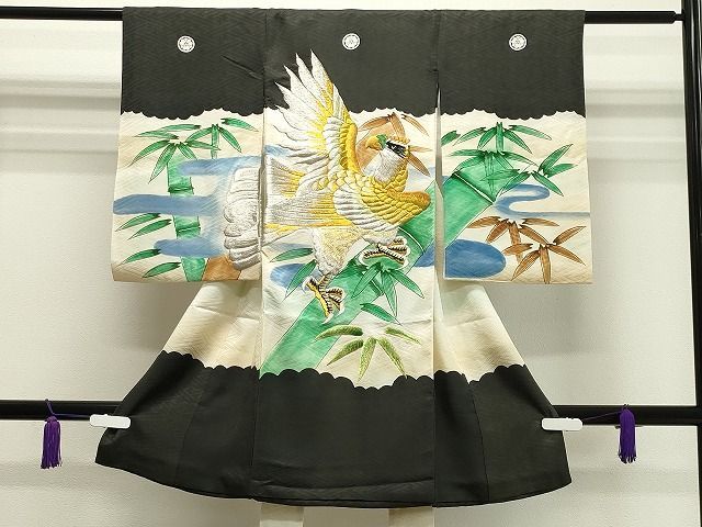 平和屋着物男の子　祝着　産着　初着　のしめ　お宮詣り　手描き　刺繍　鷹　笹文　暈し染め　金銀糸　逸品　CAAH8487gh