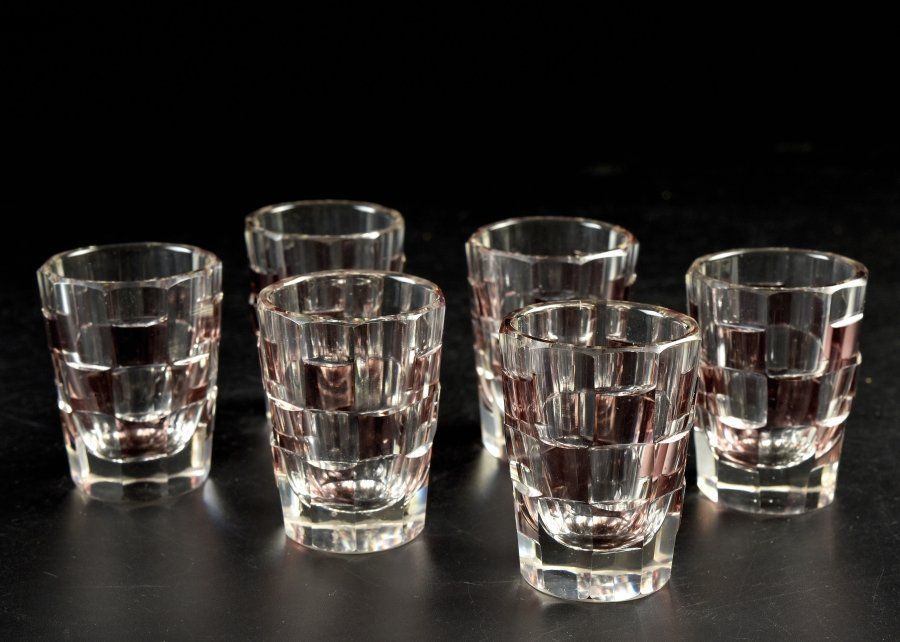 蔵C9786b レトロガラス 切子 被せガラス ショットグラス ６客