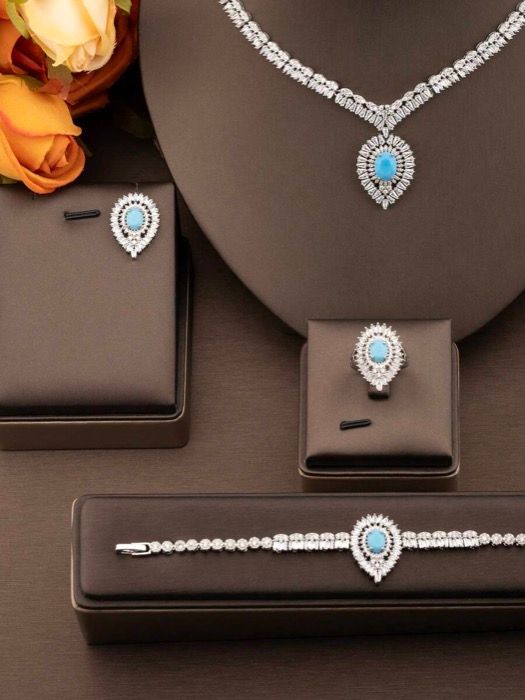 ジュエリー レディース セット 1セット ラグジュアリー エレガント キュービックジルコニア ネック ティアドロップ ジュエリーセット ピアス1ペア ネックレス1本 ブレスレット1本 リング1個が含まれます 女性の