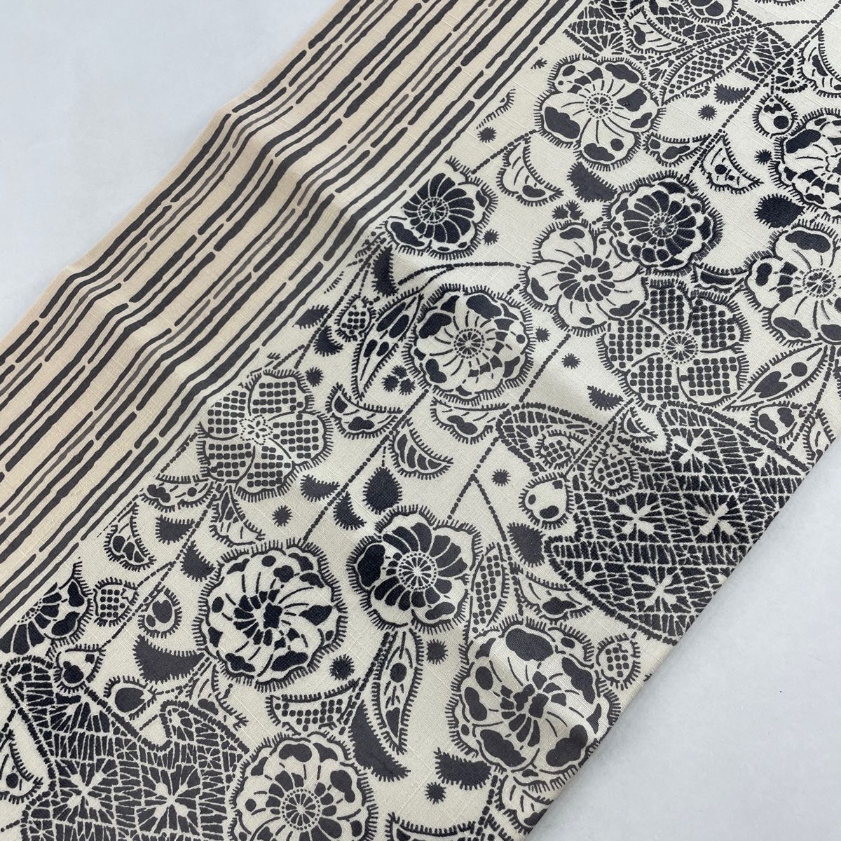 川村久太郎 紬袋帯 黒ベージュ