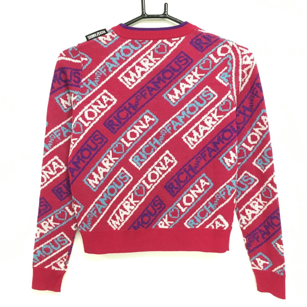 超 マークアンドロナ セーター ダークピンク×白 斜めロゴ総柄 ウール混 RICH-FAMOUS レディース 36 S ゴルフウェア MARK&LONA