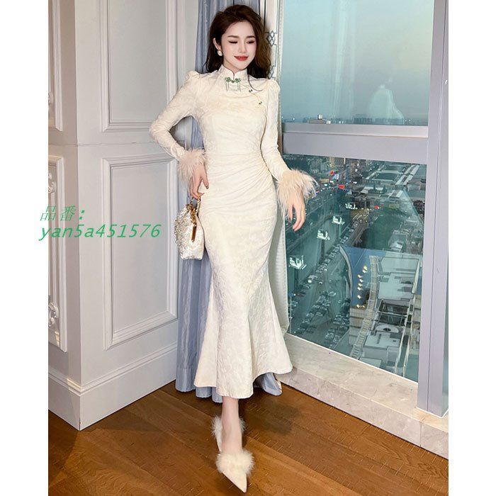 長袖裾ファー ロングタイトチャイナドレス風ワンピース 白 キャバ スナック パーティー 韓国 服 レディース セクシー yan5a451576
