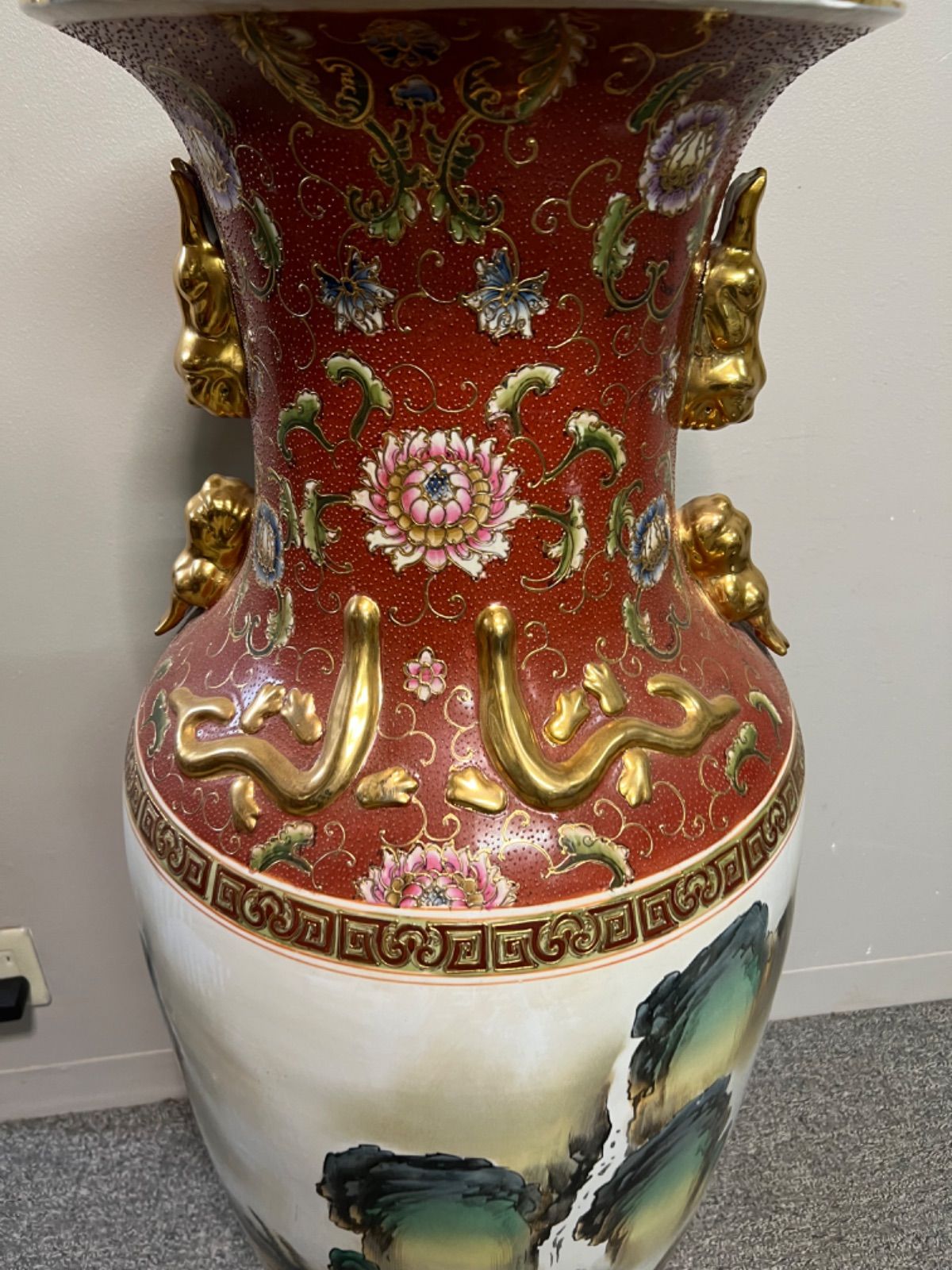⭐︎ 嶺東窯製 時代物 色絵金彩山水文大型飾花瓶 全長約 108cm