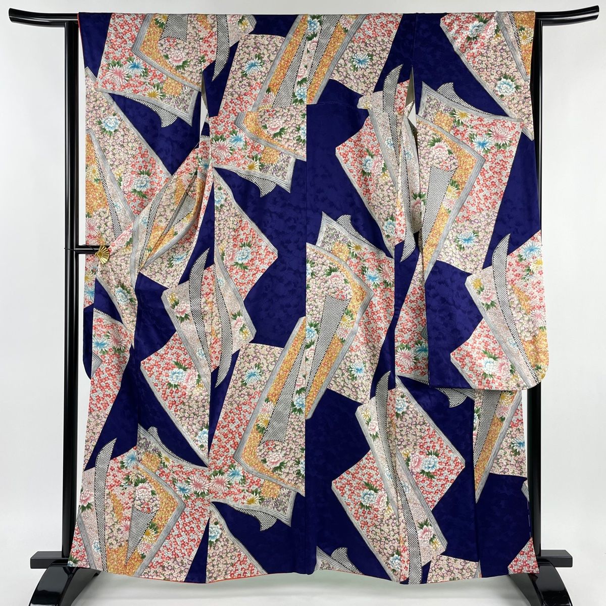 振袖 身丈161.5cm 裄丈65cm M 袷 冊子 草花 金彩 青紫 正絹 優品 【中古】