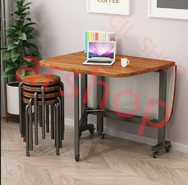 文机 木製折りたたみダイニングテーブル、キャスター付き伸縮式ダイニング