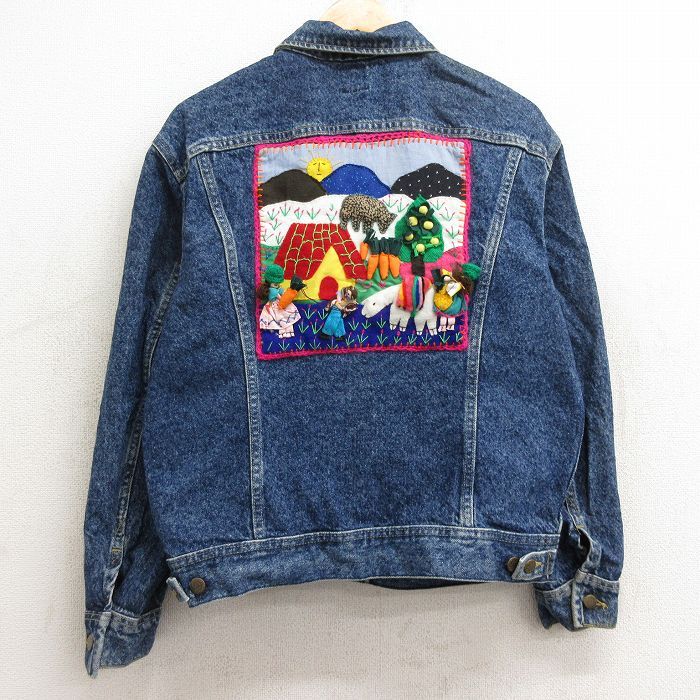 L/古着 リー Lee 長袖 ジージャン メンズ 80s 人形 手縫い刺繍 濃紺 ネイビー デニム 24sep20 中古 アウター Gジャン ジャケット