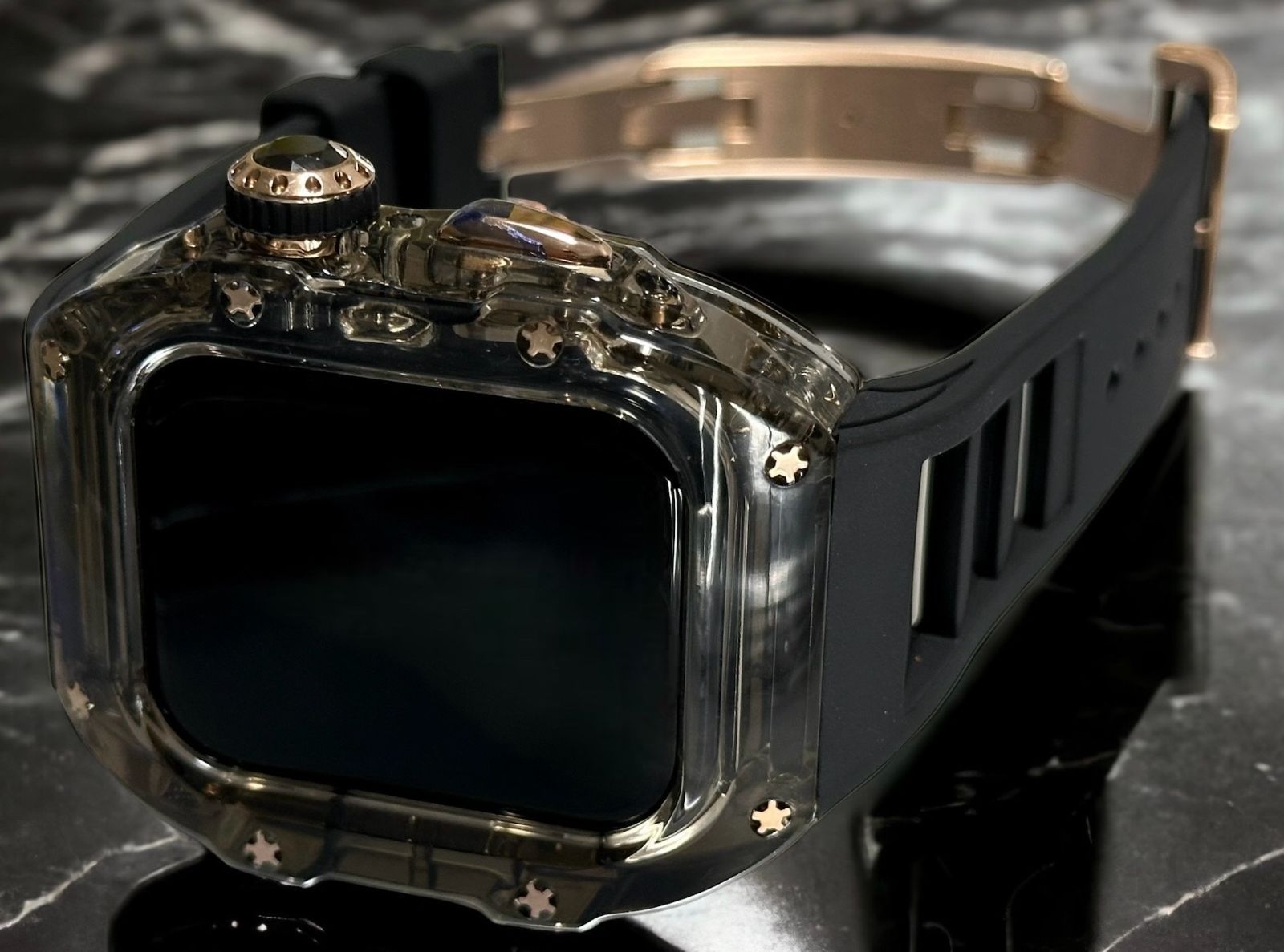 クリアブラック-ブラック ローズ アップルウォッチバンド ラバーベルト カバー Apple Watch クリア ケース 44mm 45mm 4 5 6 7 8 9 se スポーツ メンズ レディース