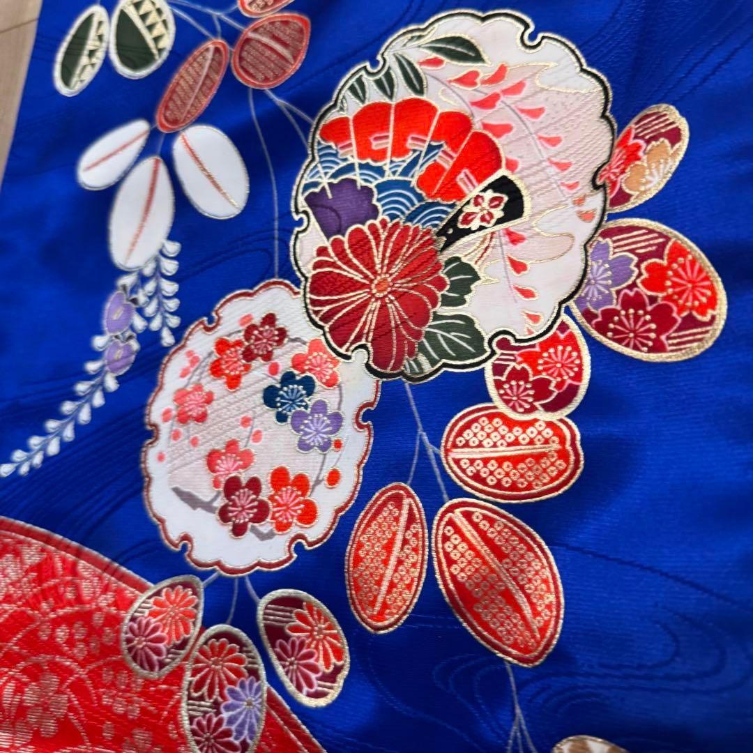 L 美品 七五三 7歳 フルセット 女の子 子供 絹 着物 襦袢 帯 青 七五三