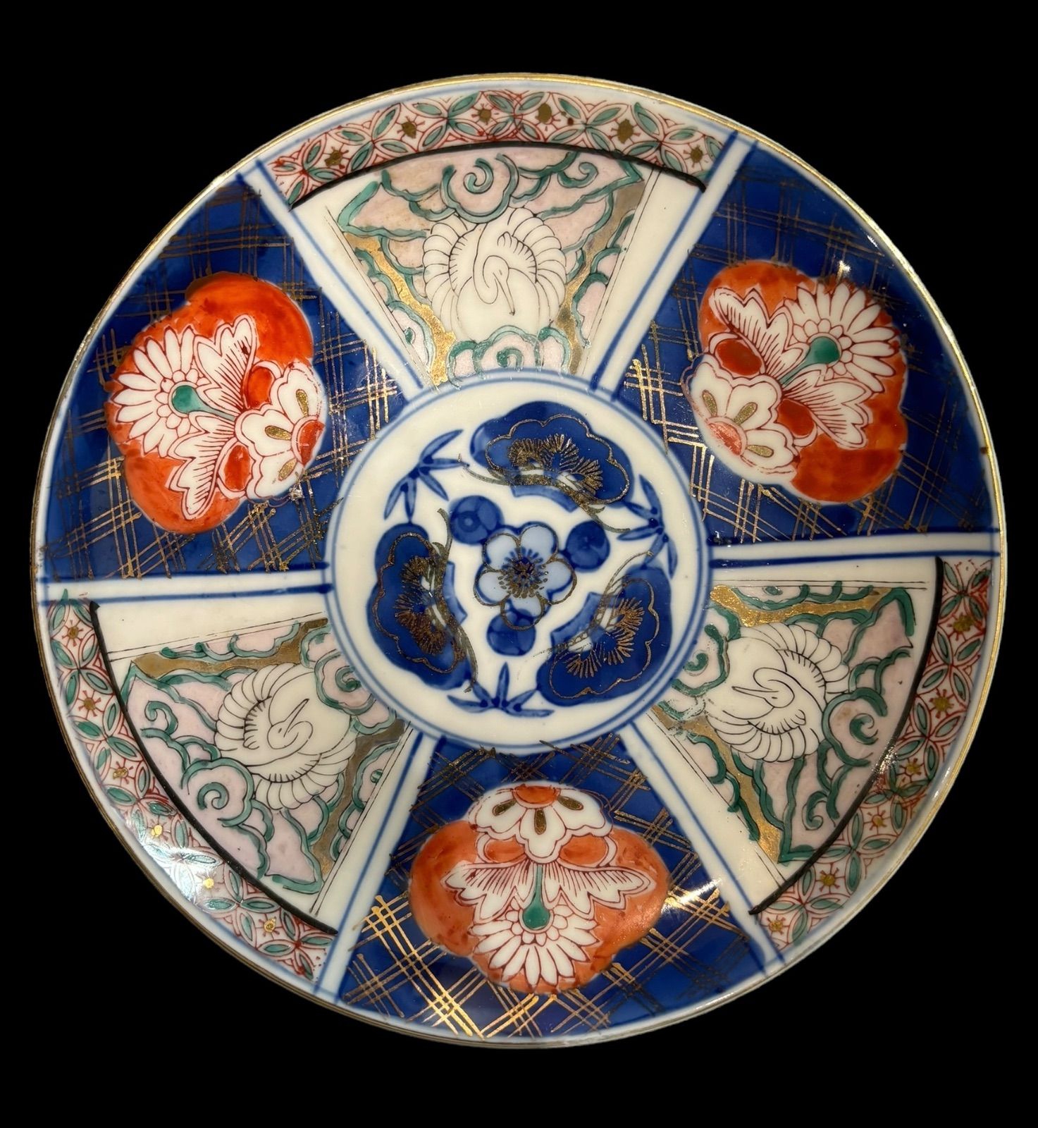 古伊万里 染錦 色絵 丸皿 [松竹梅草花文鶴窓絵] 平皿 取り皿 盛り皿