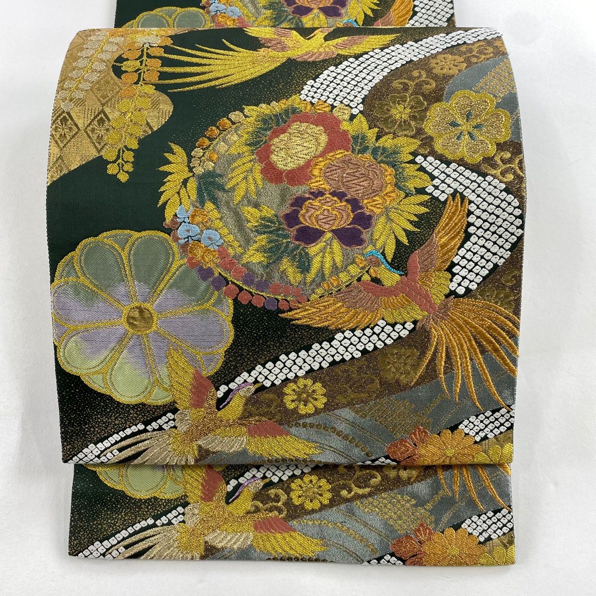 袋帯 秀品 尾長鳥 草花 箔 金糸 深緑 全通 正絹