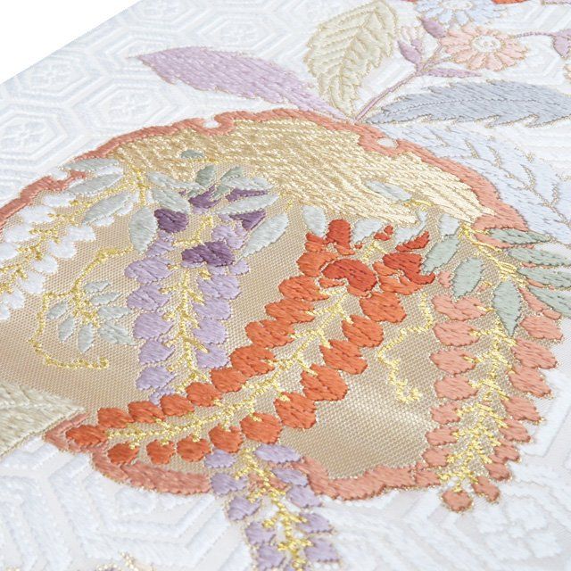 208y63◇袋帯 六通 雪輪 鹿の子 亀甲文 小花 ◇美品 成人式 結婚式 袋帯 中古 リサイクル 正絹 フォーマル 仕立て上がり 六通 唐織