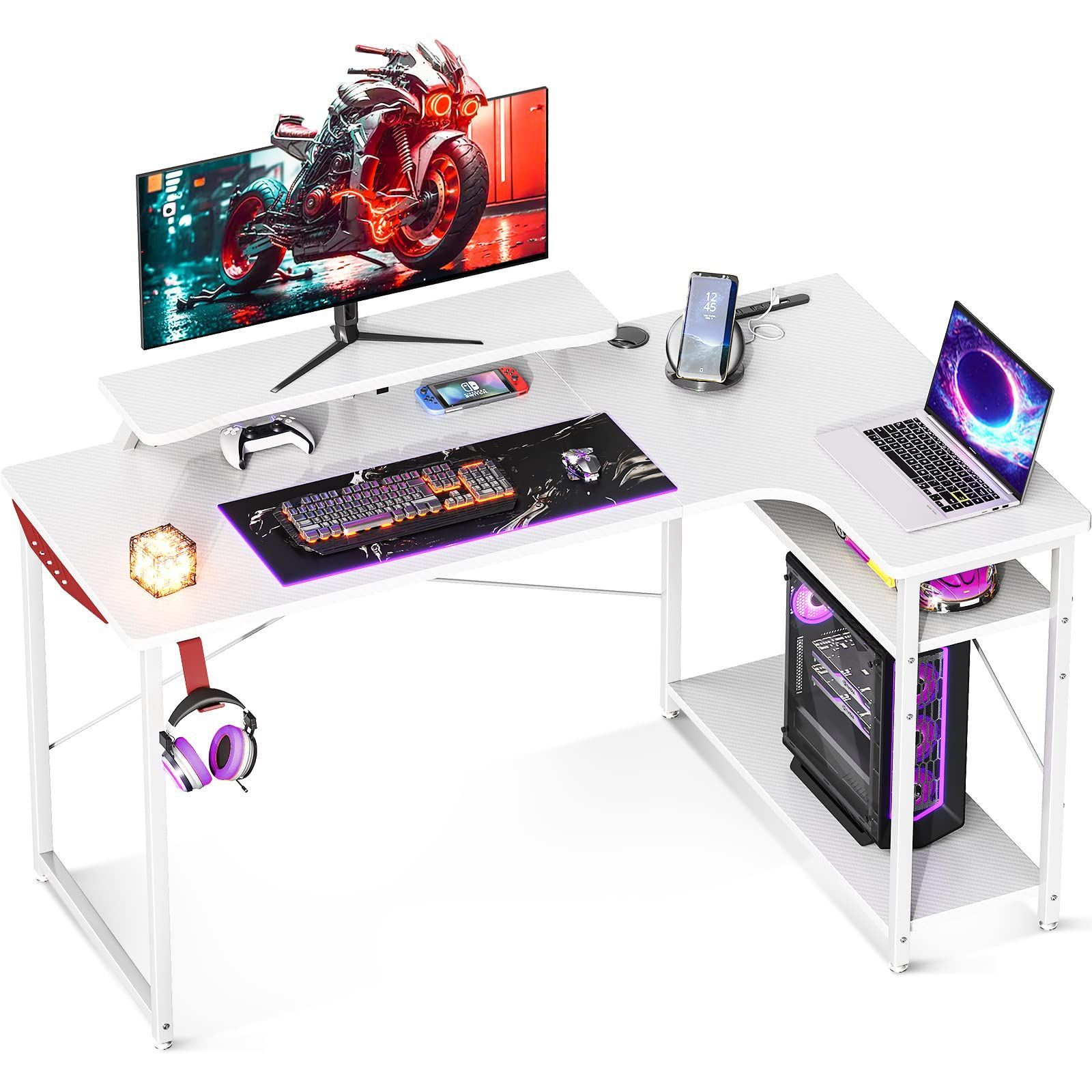 右棚 組立簡単 オフィスデスク 収納 コーナーデスク ラック付き ホワイト pcデスク コンセント付き 机 デスク l字デスク 幅130cm パソコンデスク ゲーミングデスク ODK