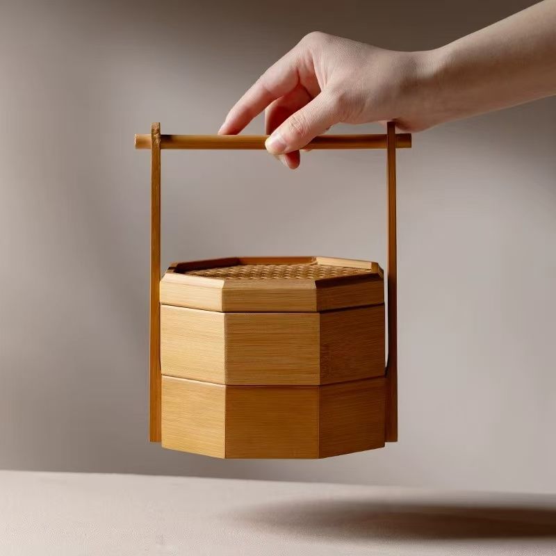 おもてなし 八角形 箱 収納ケース＆トレー 巾着付 竹製 多用盛鉢 お菓子入れ 小 菓子器 深型 菓子鉢 丸 小鉢 小皿 餅箱 重箱 丸形 行楽 弁当箱 八角小箱 竹 かご ハンドル付き 二段 重箱 漆塗