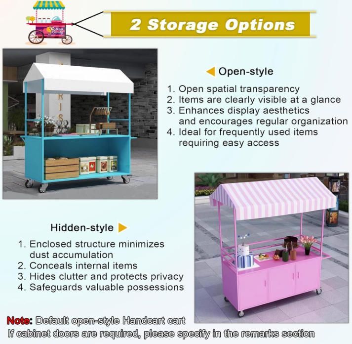 ストライプキャノピー付きポータブルモバイルダイニングローリング販売カート 鉄製フレームディスプレイスタンドベンダーストール