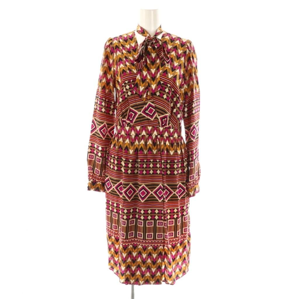 イッサロンドン ISSA LONDON シルク 総柄 ワンピース ミモレ ロング 長袖 8 茶 ブラウン |AT OS