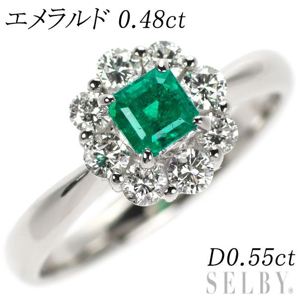 Pt900 エメラルド ダイヤモンド リング 0.48ct D0.55ct フラワー 