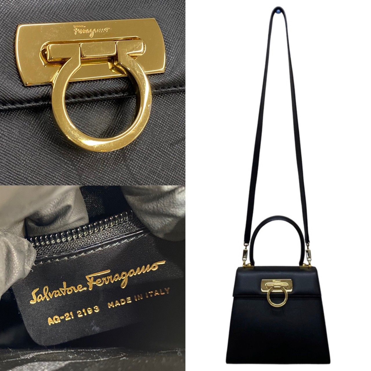 極 美品 保存袋付 Salvatore Ferragamo フェラガモ ガンチーニ 金具 レザー 本革 2way ハンドバッグ ミニ ショルダーバッグ  ブラック 26610