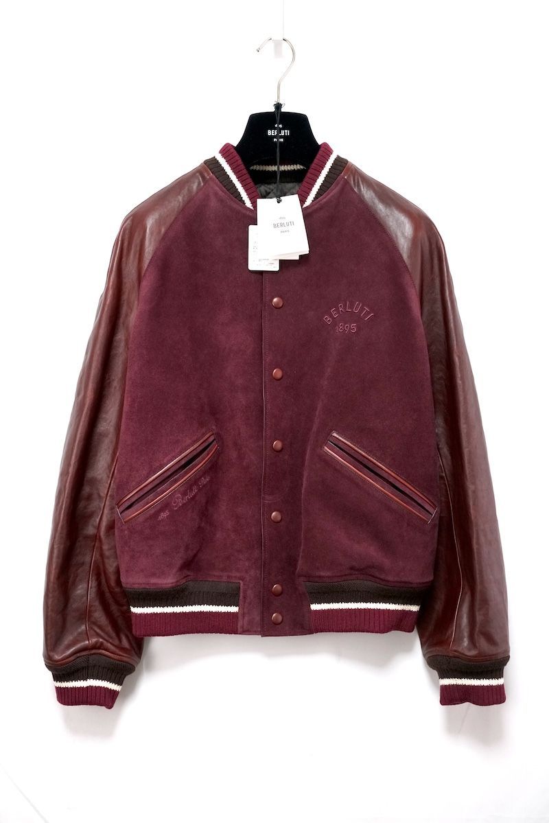 BERLUTI 1895 PARIS ベルルッティ Leather Varsity Jacket レザー バーシティ ジャケット フロント ヌバック 46サイズ ボルドー ブラウン R25LBL137 001 ♥
