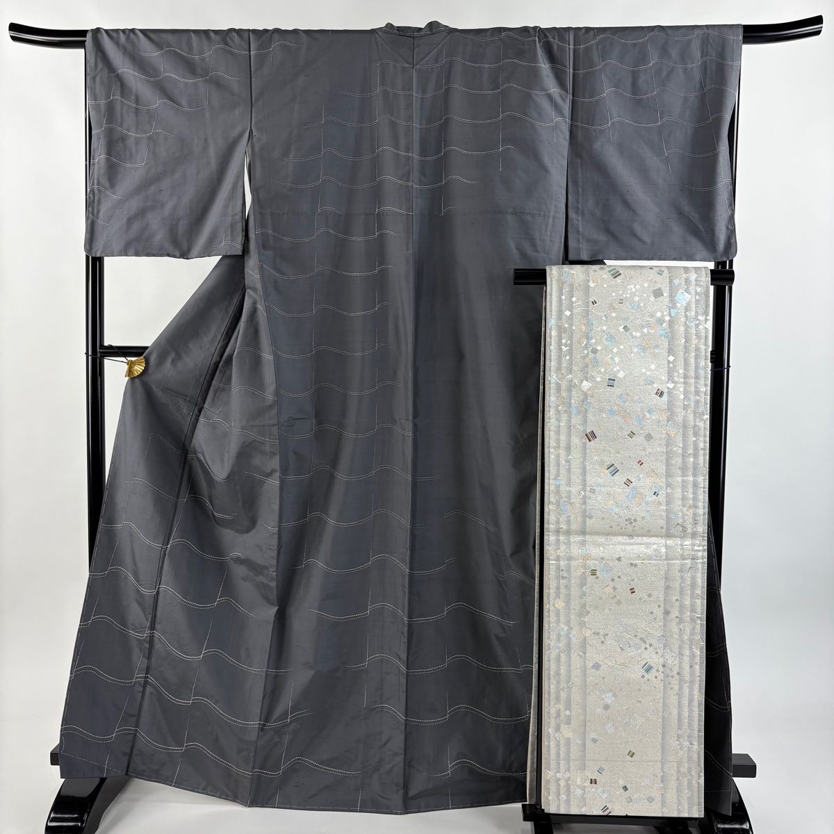 訪問着 身丈167cm 裄丈68cm L 袷 袋帯セット 紬地 落款 瓦 刺し子刺繍 灰色 正絹 秀品
