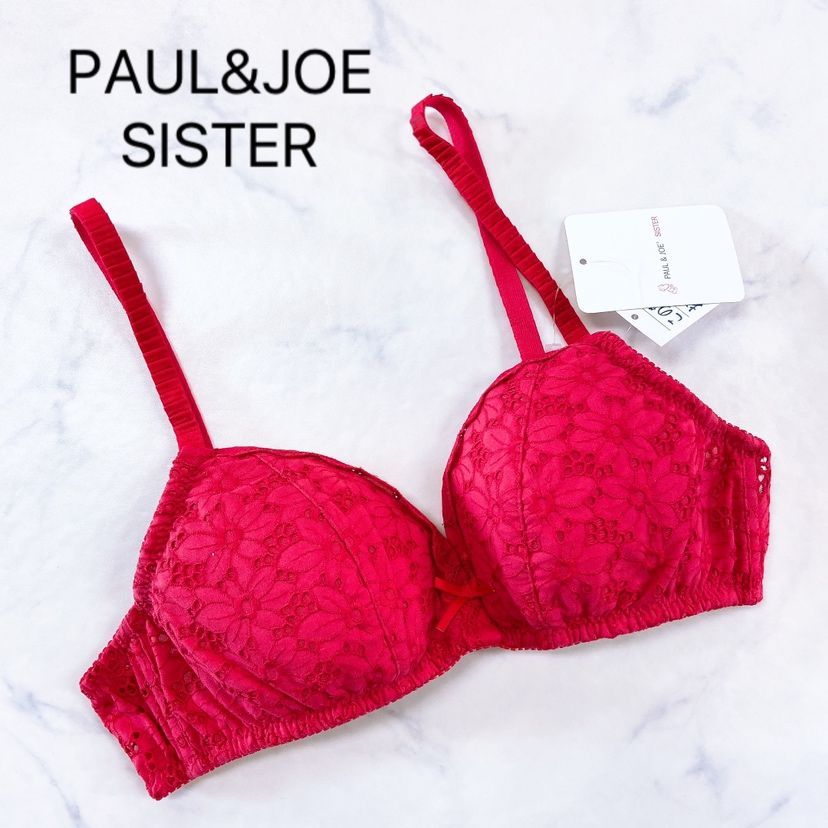 【新品タグ付き】PAUL＆JOE SISTER　ポールアンドジョーシスター　ブラジャー　ランジェリー　下着　ワイヤーなし　パッドあり　アジャスター付き　 レッド　コットンレース　フラワーレース　マーガレット柄　定価5300円　ブランド下着　見せブラ　勝負下着