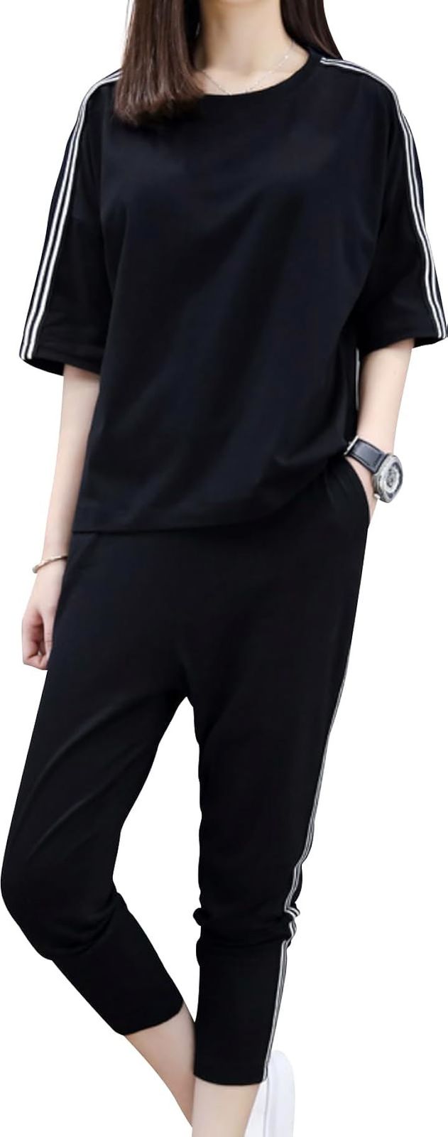 newNE ニューネ 半袖 セットアップ レディース 上下 2点セット ライン入り 7分丈 ズボン 夏 キレイメ ジョガー きれいめ 楽ちん ランニング ラフ カワイイ スポーツウェア 上下スエット(ブラッ