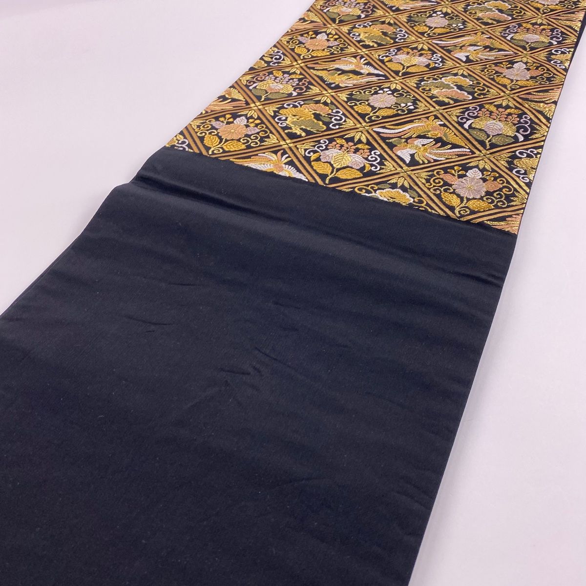 袋帯 美品 秀品 鳥 桐唐草 唐織 箔 黒 六通 正絹 【中古