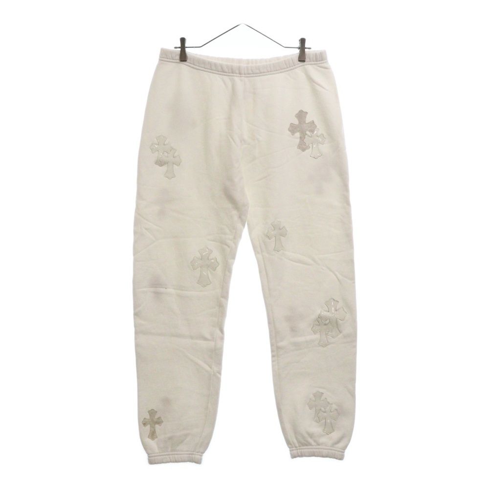 CHROME HEARTS (クロムハーツ) ラム エナメルレザー セメタリークロスパッチ スウェットパンツ ホワイト