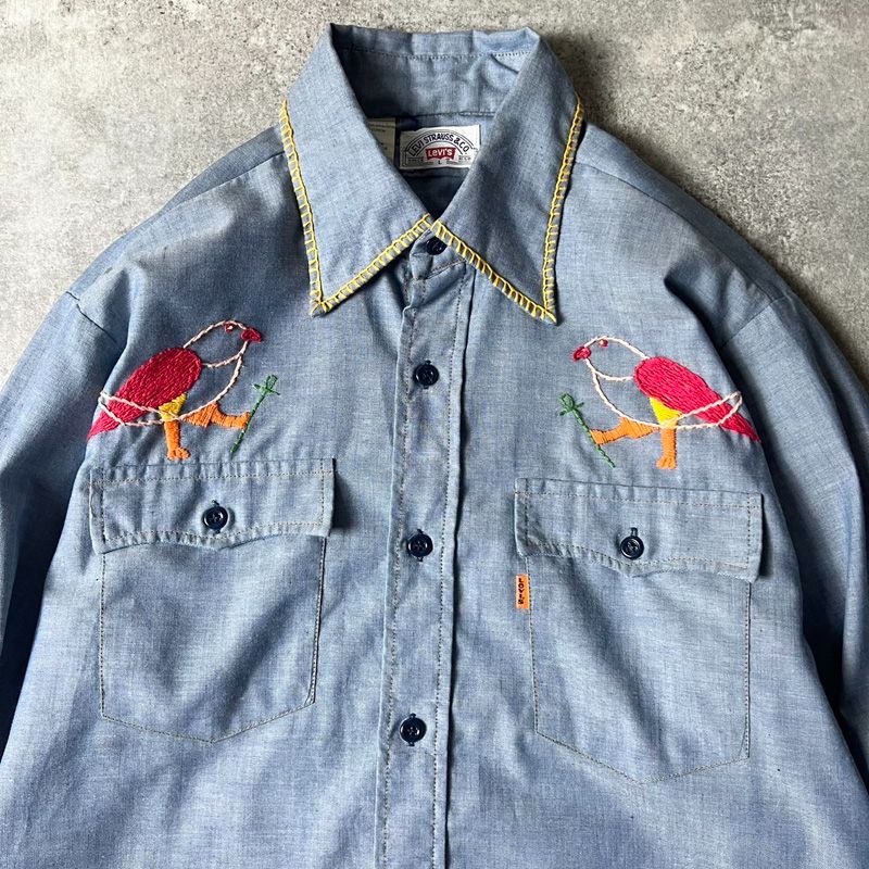 70s Levi's USA製 荒く 刺繍 シャンブレーシャツ ヴィンテージ