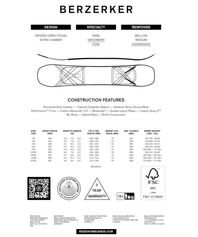  ムラスポOUTLET 24-25 RIDE BERZERKER ムラサキスポーツ アウトレット OUTLET ボード スノーボード