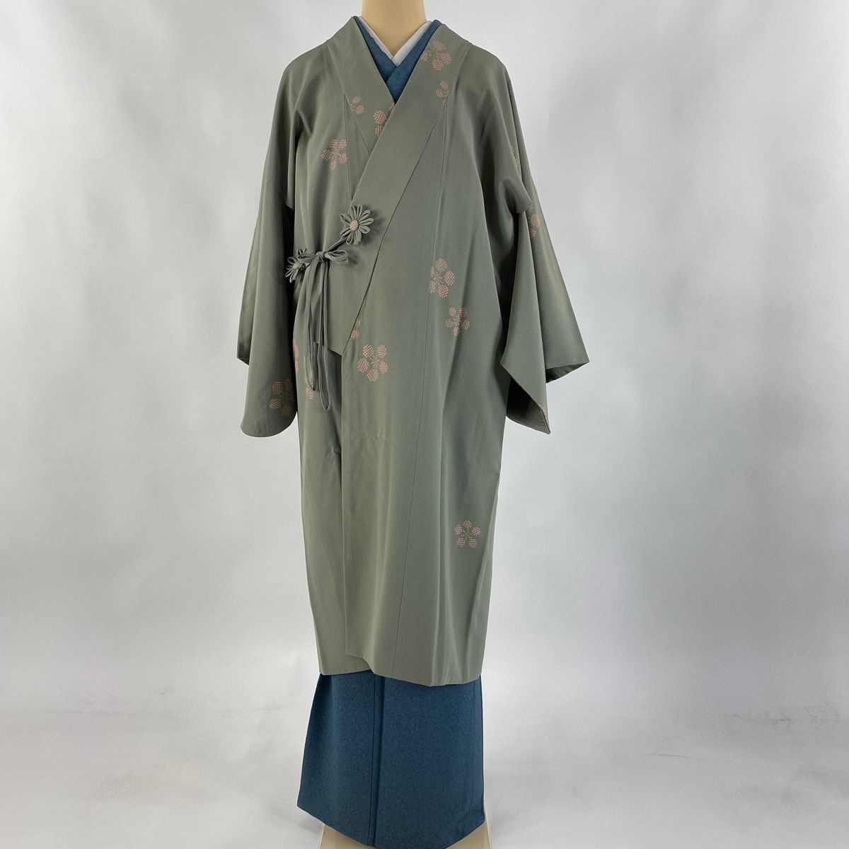 道中着 身丈110.5cm 裄丈67.5cm L 和装コート 着物衿 梅 金彩 灰緑 正絹