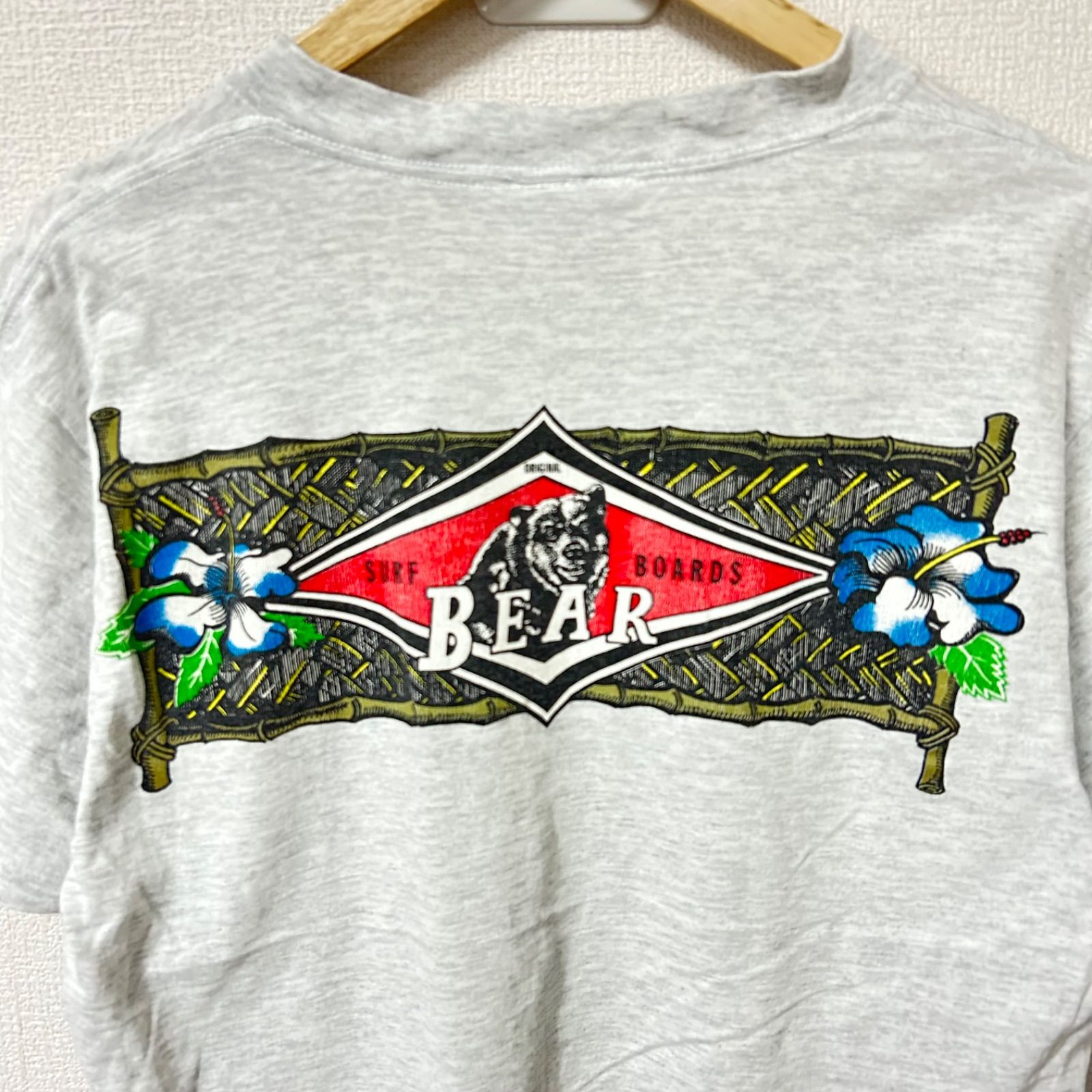 USA製(^w^)b BEAR ベアー クルーネック 半袖Tシャツ 80s 90s ヴィンテージ コットン 綿100% バックプリント サーフ ストリート アメカジ 古着MIX デイリー タウンユース ライトグレー メンズ