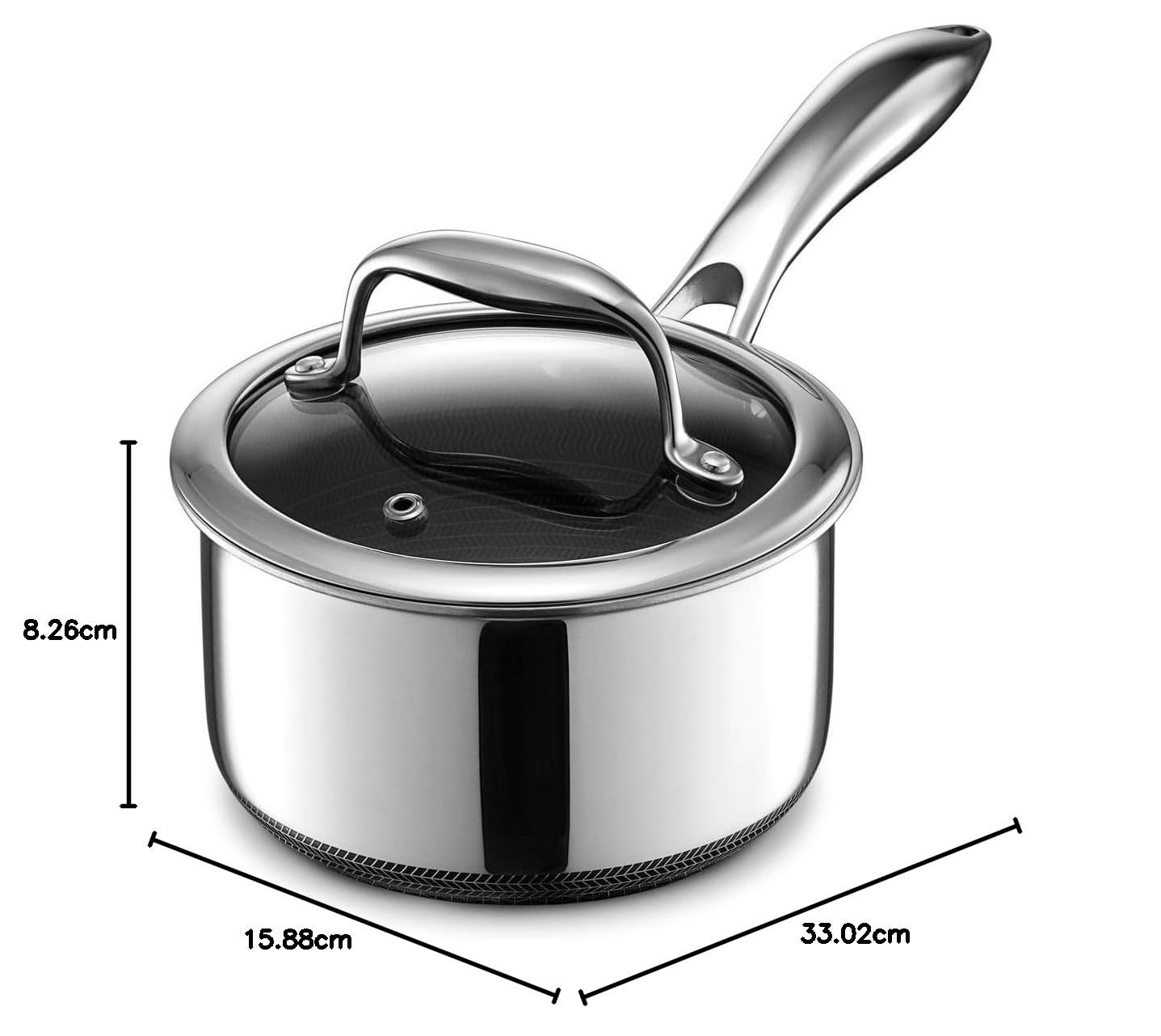 HexClad ハイブリッド ノンスティック 片手鍋 14cm 0.95L 焦げ付き防止加工 IH オーブン 食洗器 対応 メーカー直販 付き ヘックスクラッド 強化ガラス 蓋付き