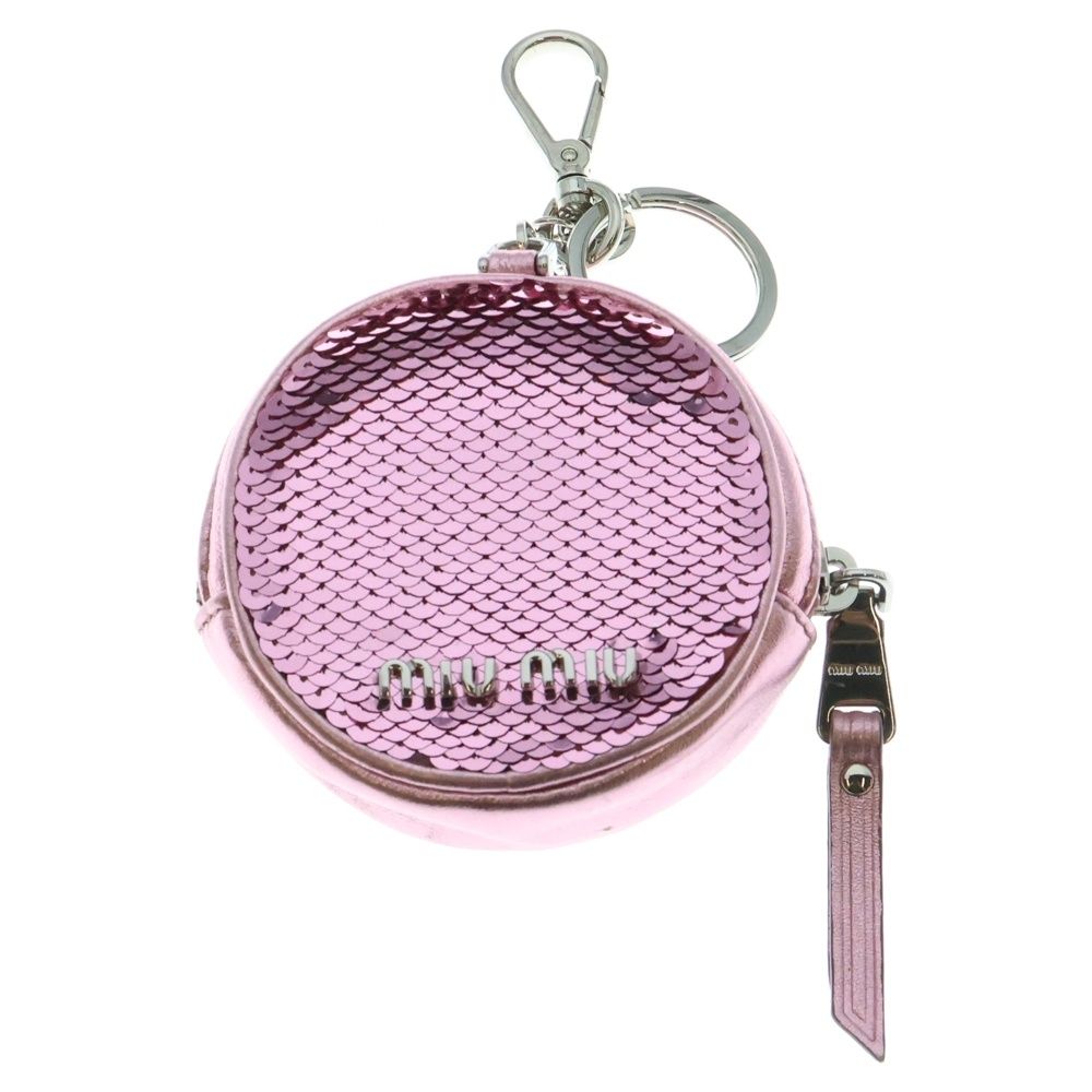 miumiu ミュウミュウ スパンコール パイエット ロゴ キーホルダー ポーチ バッグチャーム ケース ピンク×シルバー