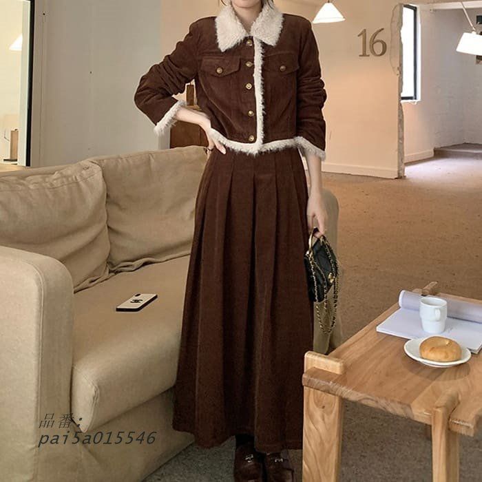 中学生 高校生 韓国 コーデュロイ セットアップ ボア ガー可愛い 2点セット カジュアル スカート おしゃれ 20代 10代 秋春冬 長袖 ジャケット pai5a015546